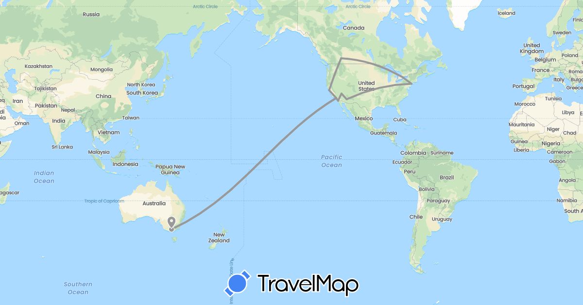TravelMap itinerary: plane in Australia, Canada, Fiji, United States (North America, Oceania)
